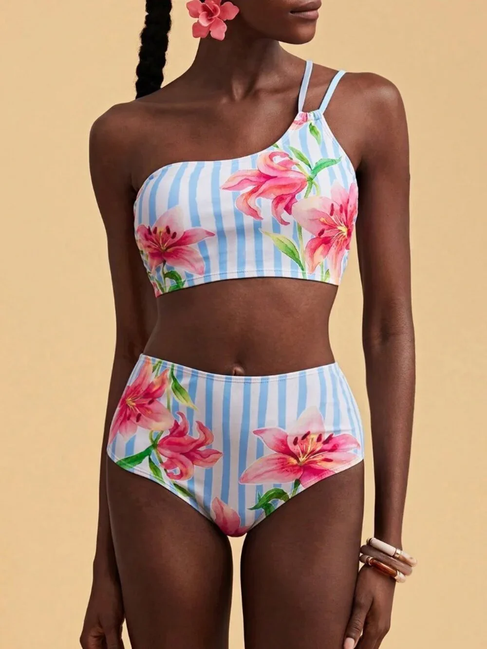 Multicolor Casual Floral Striped Women's bikini Set
